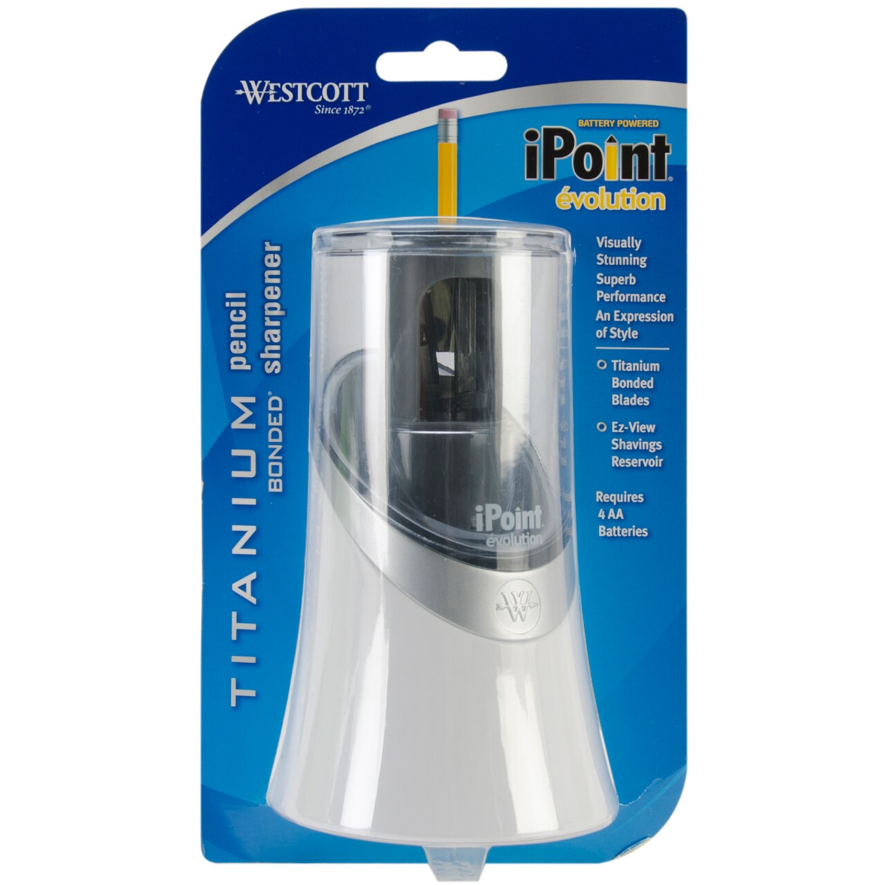 Westcott iPoint Evolution Titanium Bonded Pencil Sharpener-Assorted Colors